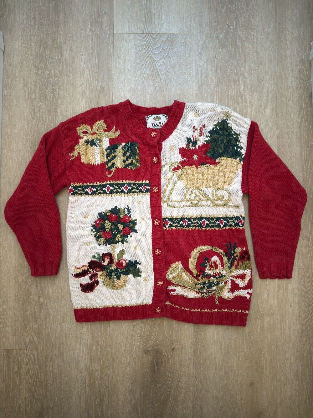 VTG Y2K Tiara International Christmas Cardigan Ugly Grandma Sweater S Patchwork